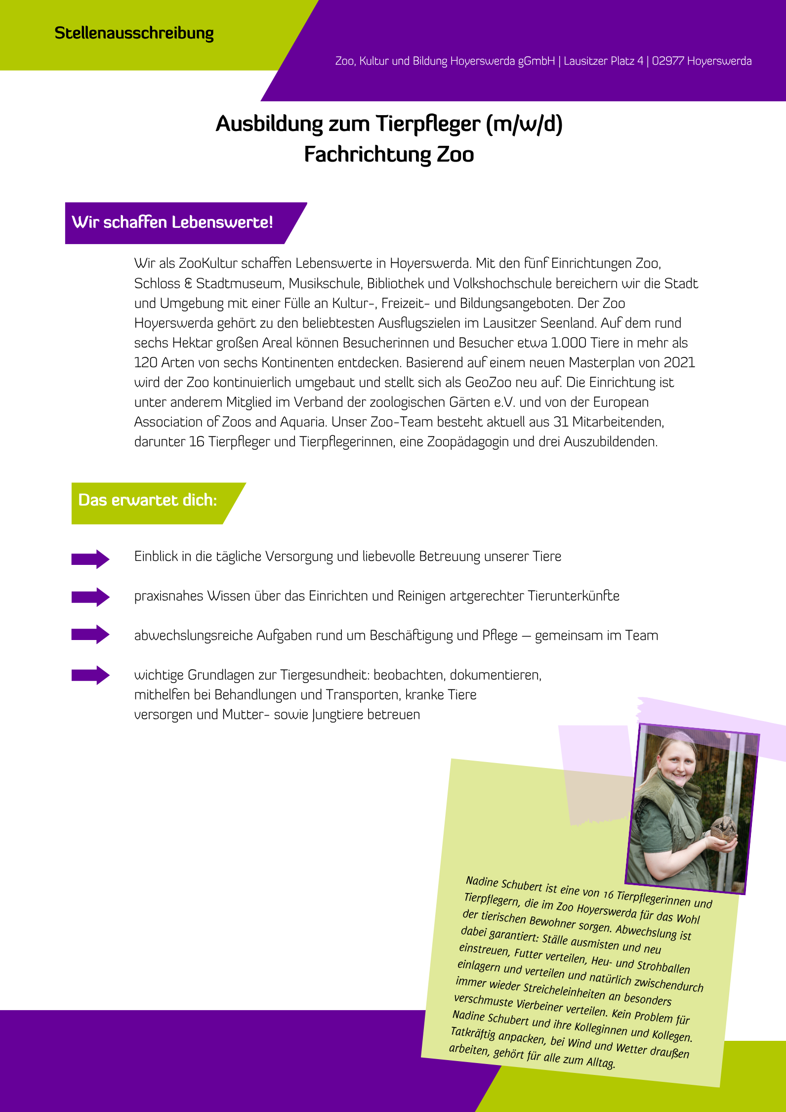 Das Bild beinhaltet eine Stellenausschreibung für die ZooKultur in Hoyerswerda. Der Inhalt der Anzeige ist unter dem Bild als Textformat dargestellt.