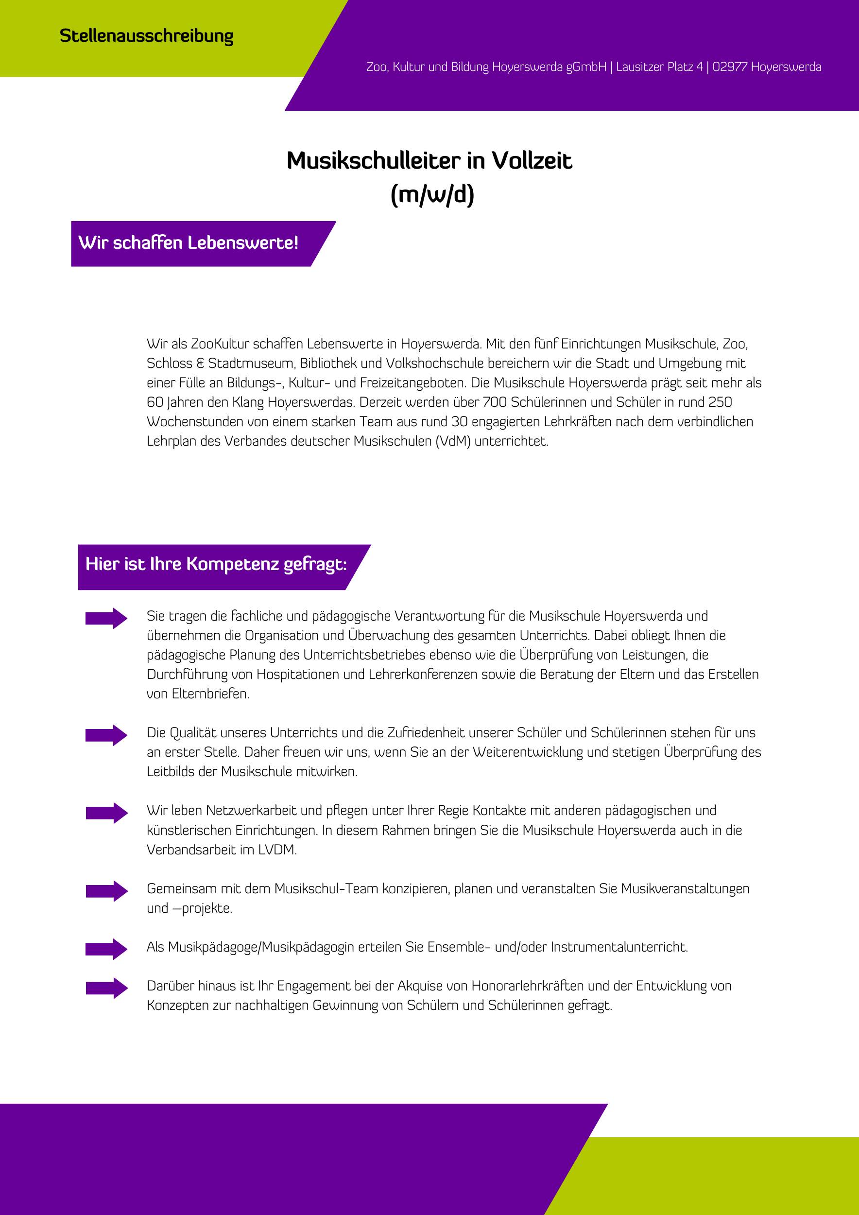 Das Bild beinhaltet eine Stellenausschreibung für die ZooKultur in Hoyerswerda. Der Inhalt der Anzeige ist unter dem Bild als Textformat dargestellt.