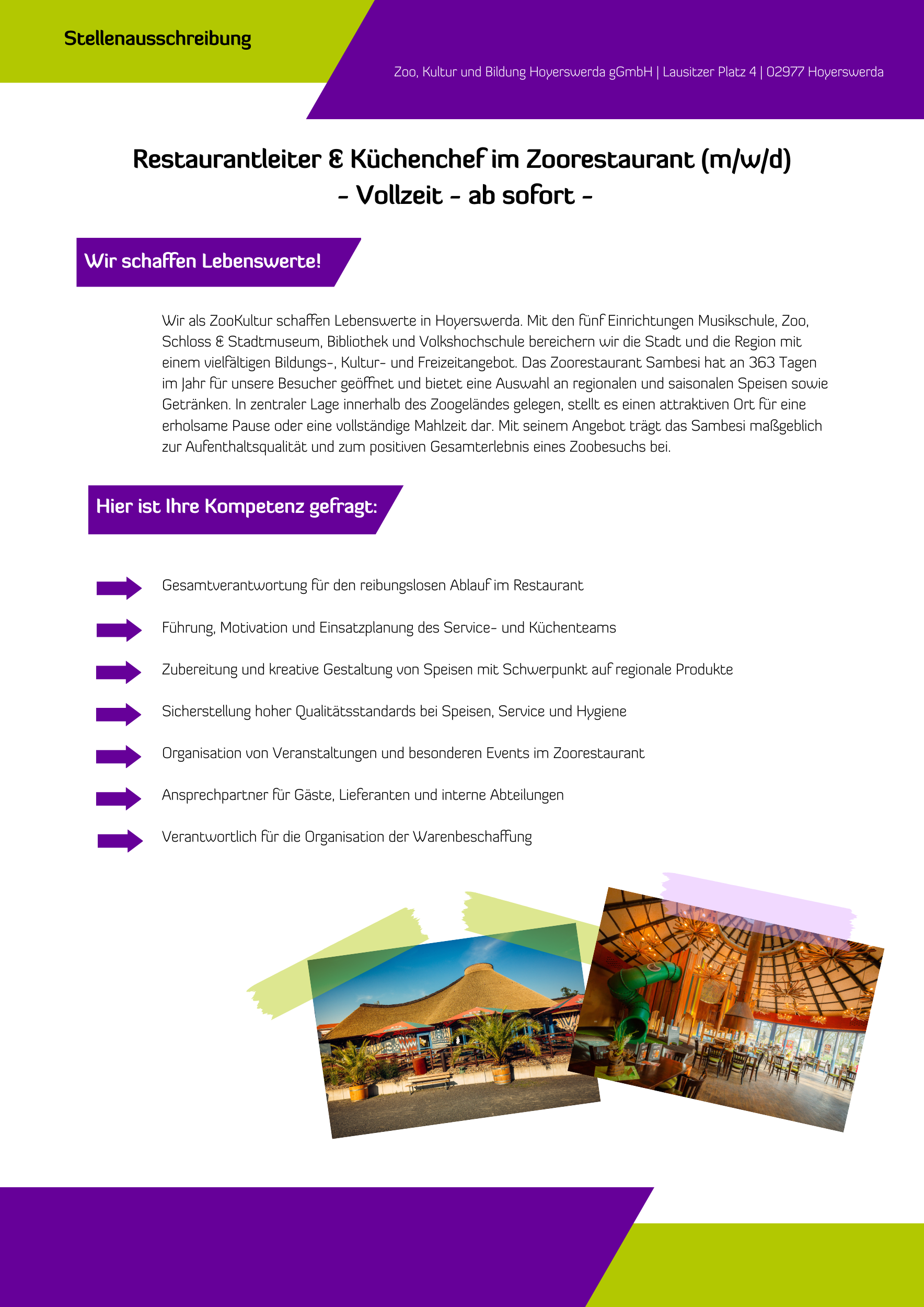 Das Bild beinhaltet eine Stellenausschreibung für die ZooKultur in Hoyerswerda. Der Inhalt der Anzeige ist unter dem Bild als Textformat dargestellt.