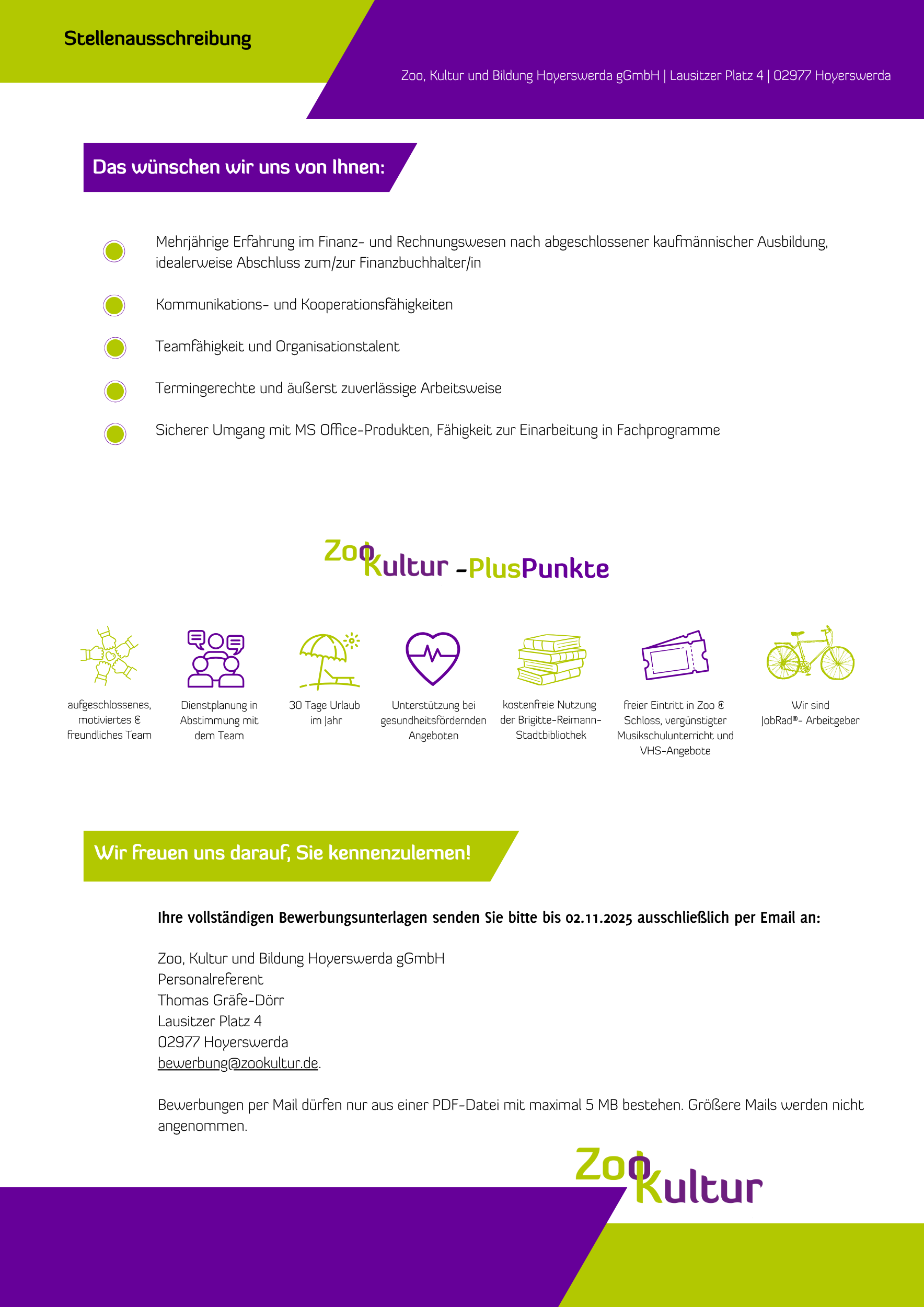 Das Bild beinhaltet eine Stellenausschreibung für die ZooKultur in Hoyerswerda. Der Inhalt der Anzeige ist unter dem Bild als Textformat dargestellt.