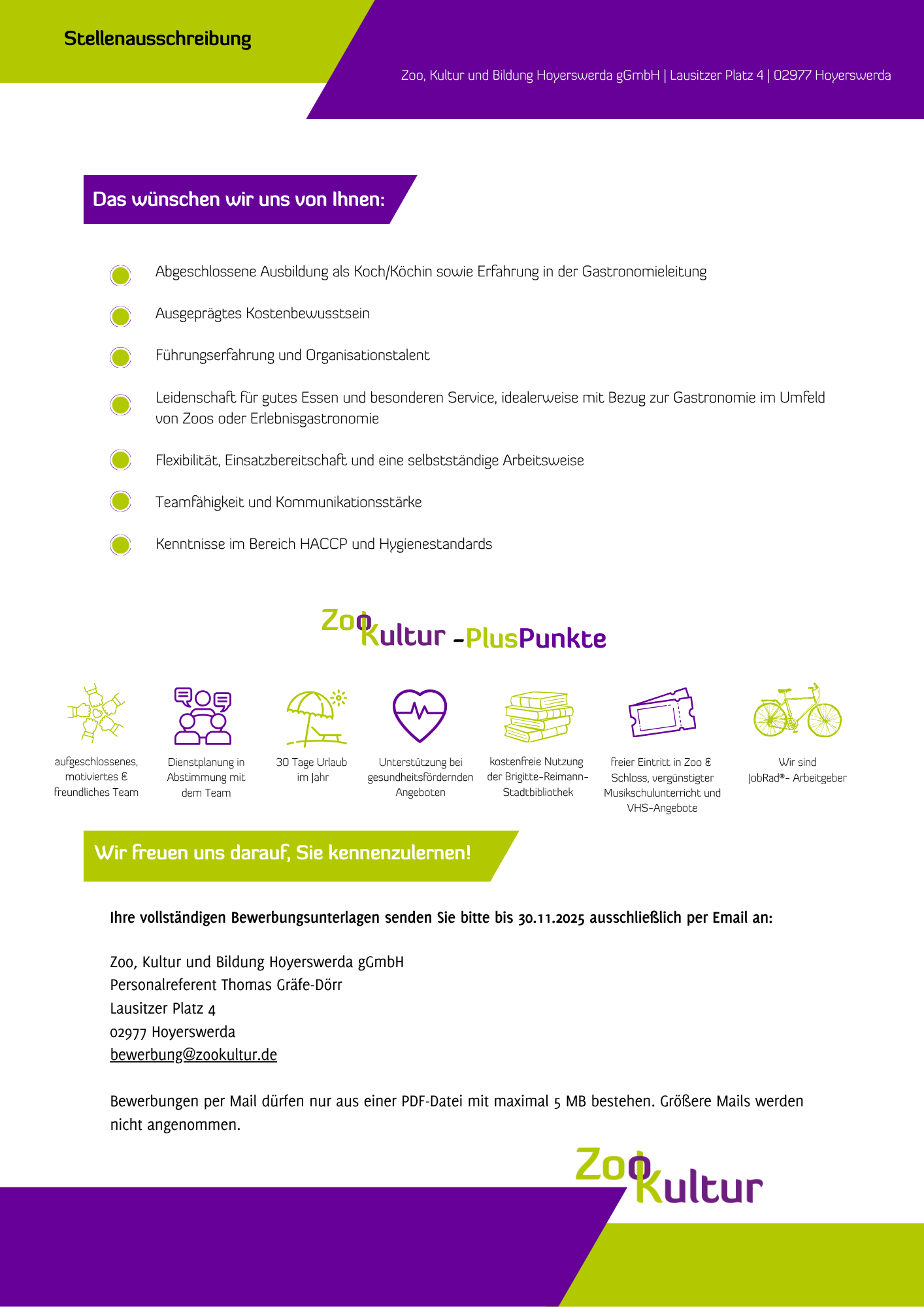 Das Bild beinhaltet eine Stellenausschreibung für die ZooKultur in Hoyerswerda. Der Inhalt der Anzeige ist unter dem Bild als Textformat dargestellt.