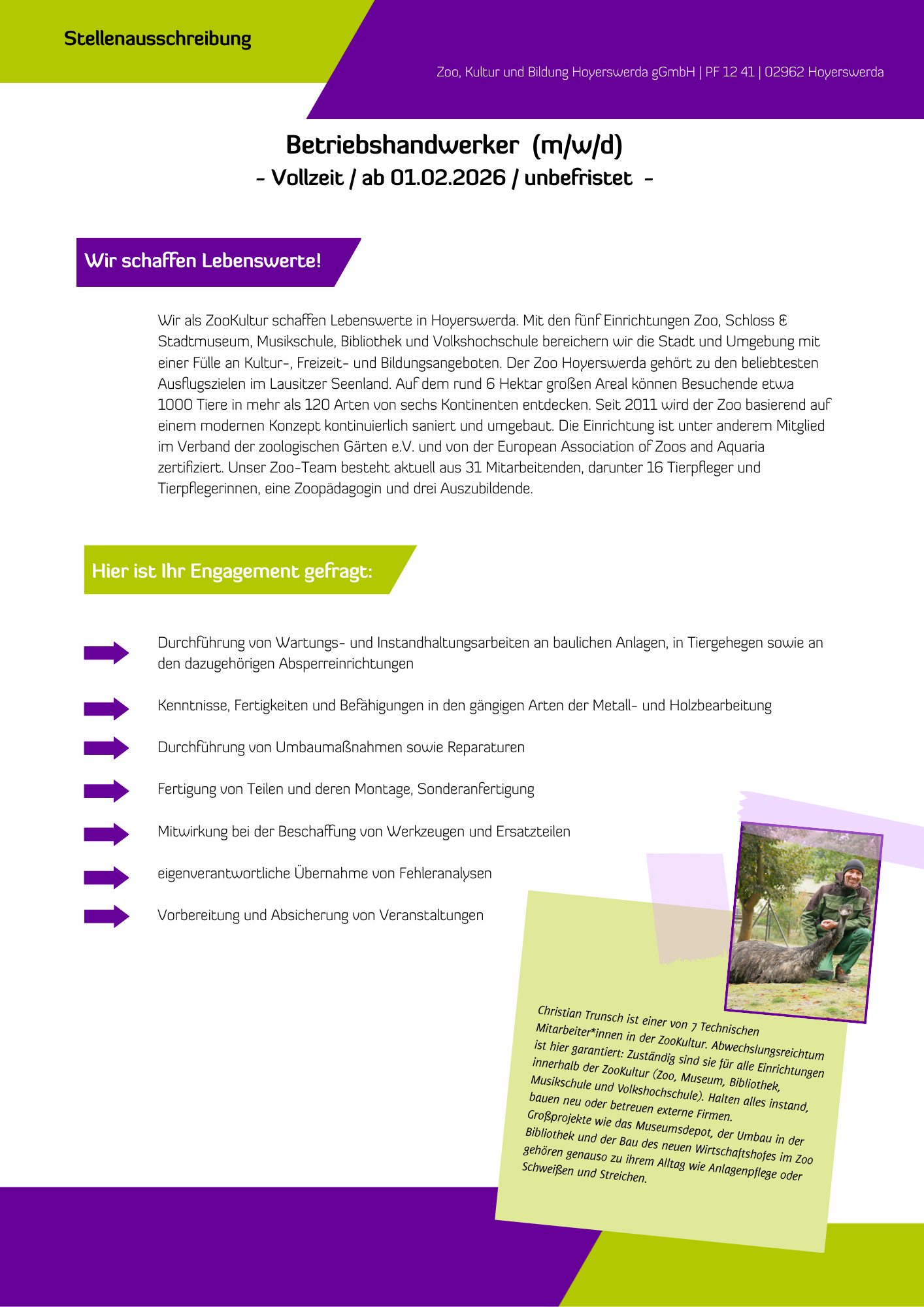 Das Bild beinhaltet eine Stellenausschreibung für die ZooKultur in Hoyerswerda. Der Inhalt der Anzeige ist unter dem Bild als Textformat dargestellt.
