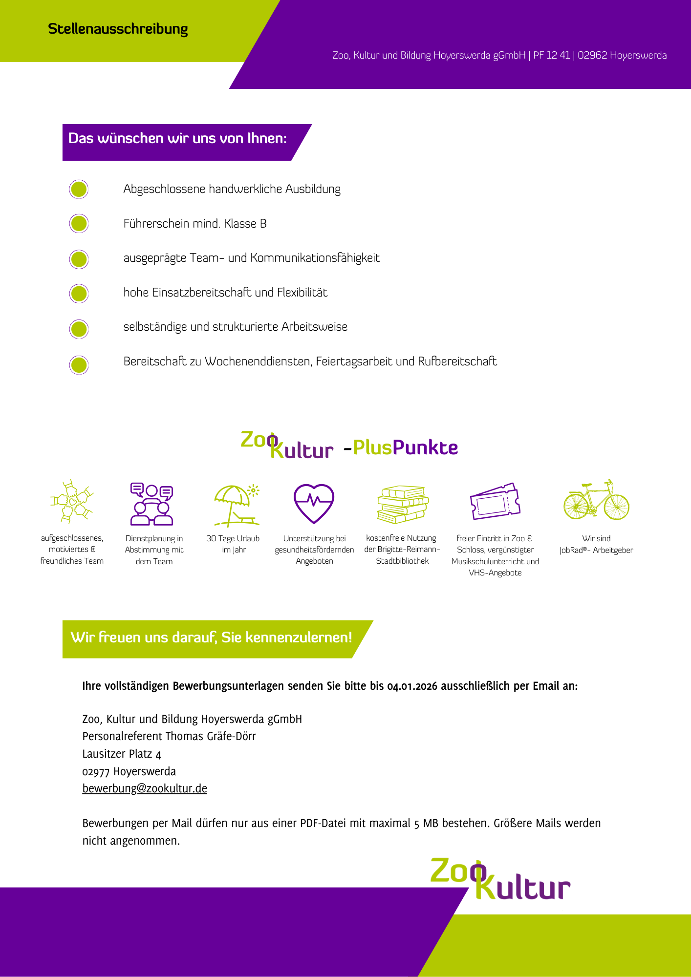 Das Bild beinhaltet eine Stellenausschreibung für die ZooKultur in Hoyerswerda. Der Inhalt der Anzeige ist unter dem Bild als Textformat dargestellt.
