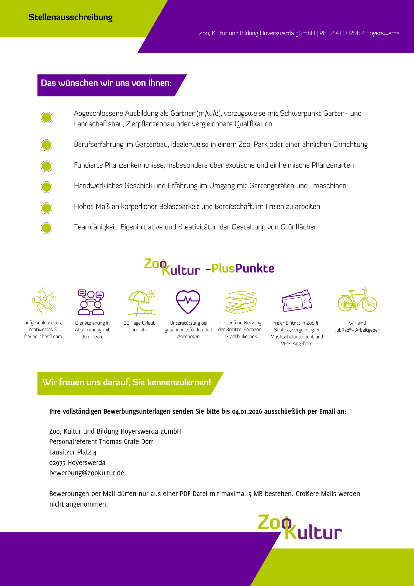 Das Bild beinhaltet eine Stellenausschreibung für die ZooKultur in Hoyerswerda. Der Inhalt der Anzeige ist unter dem Bild als Textformat dargestellt.