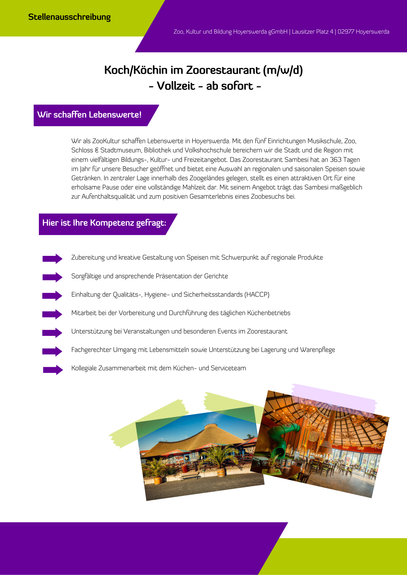 Das Bild beinhaltet eine Stellenausschreibung für die ZooKultur in Hoyerswerda. Der Inhalt der Anzeige ist unter dem Bild als Textformat dargestellt.