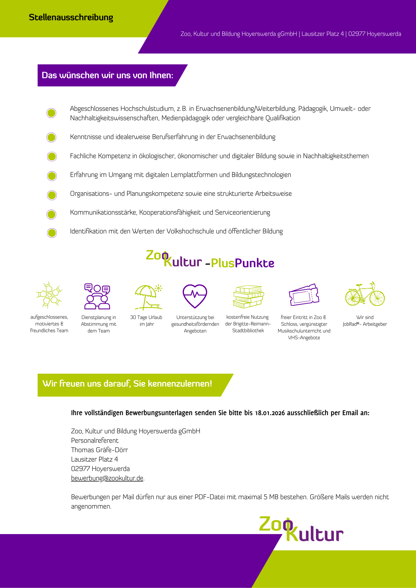 Das Bild beinhaltet eine Stellenausschreibung für die ZooKultur in Hoyerswerda. Der Inhalt der Anzeige ist unter dem Bild als Textformat dargestellt.