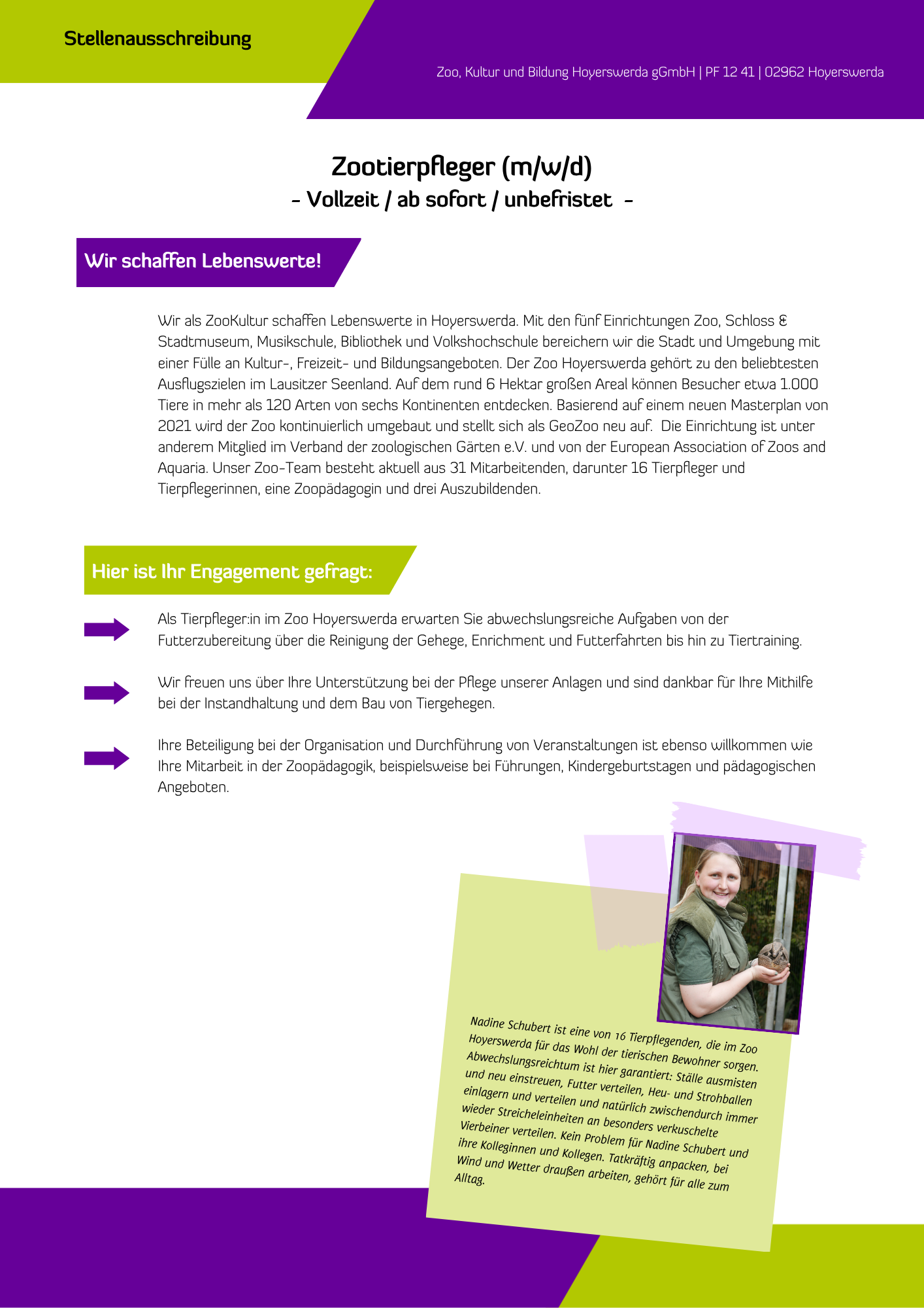 Das Bild beinhaltet eine Stellenausschreibung für die ZooKultur in Hoyerswerda. Der Inhalt der Anzeige ist unter dem Bild als Textformat dargestellt.