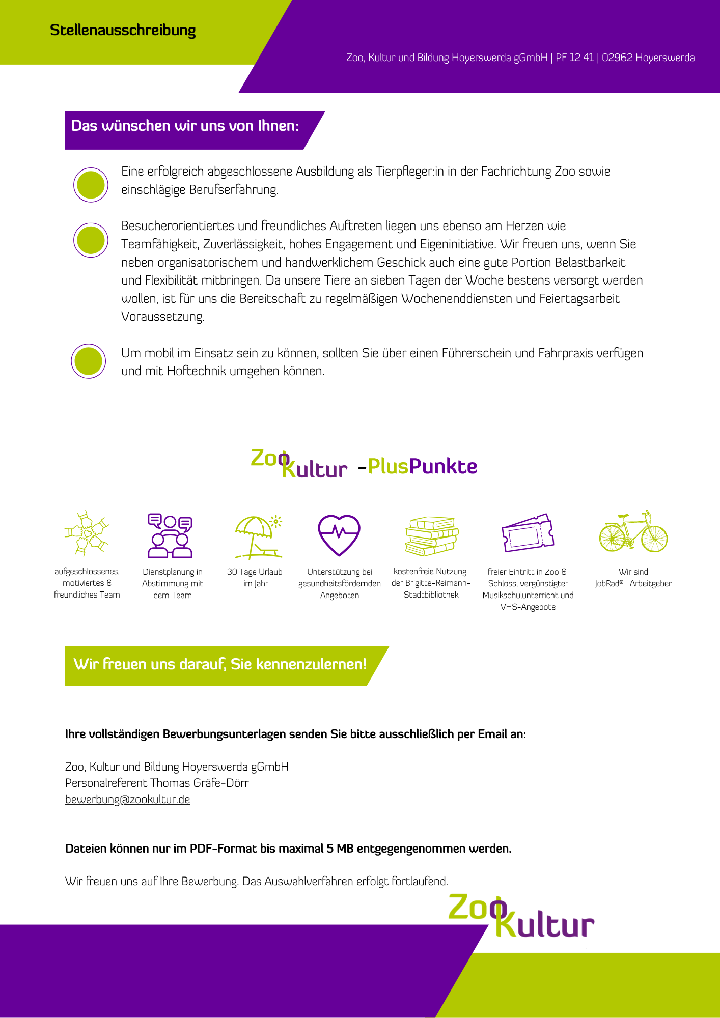 Das Bild beinhaltet eine Stellenausschreibung für die ZooKultur in Hoyerswerda. Der Inhalt der Anzeige ist unter dem Bild als Textformat dargestellt.